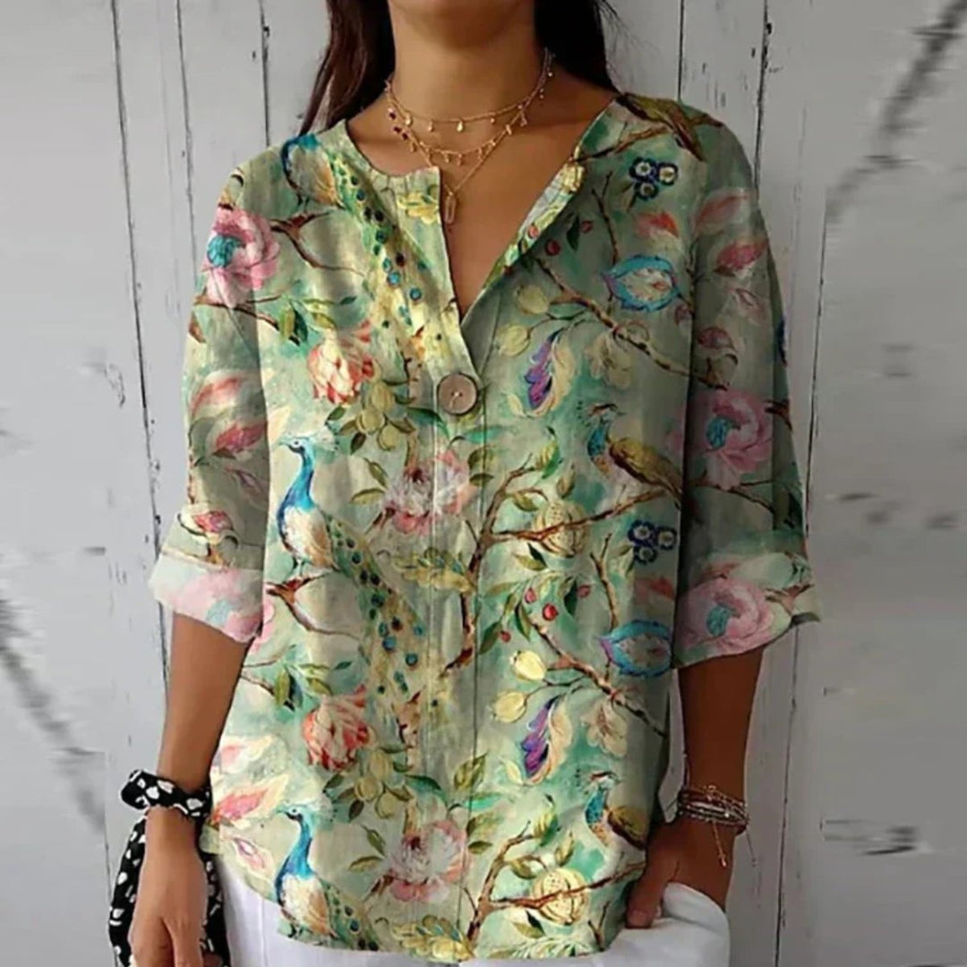 Women's Floral Print V-Neck Half-Sleeve Casual Blouse Top