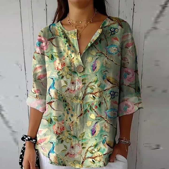 Women's Floral Print V-Neck Half-Sleeve Casual Blouse Top