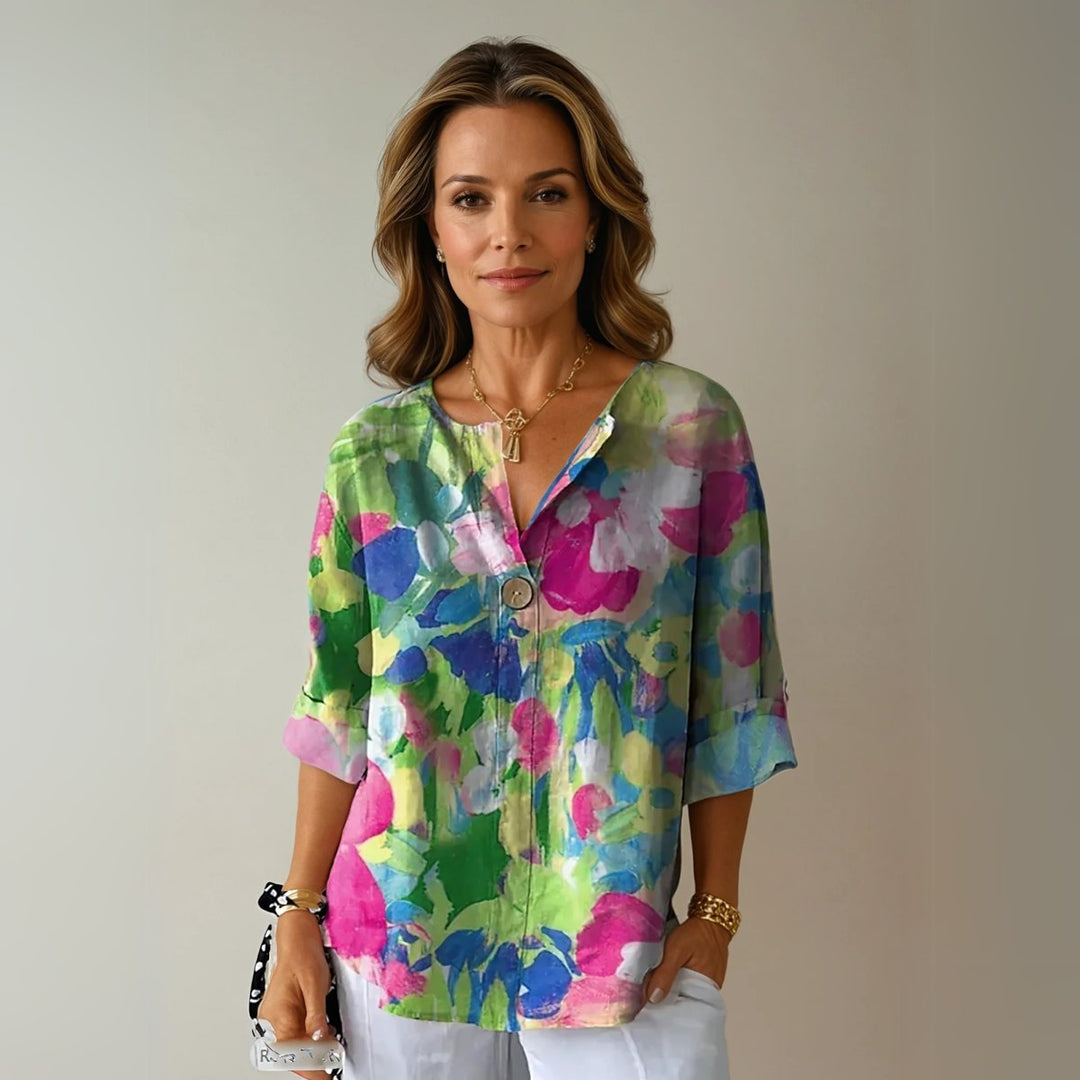 Women's Floral Print V-Neck Half-Sleeve Casual Blouse Top
