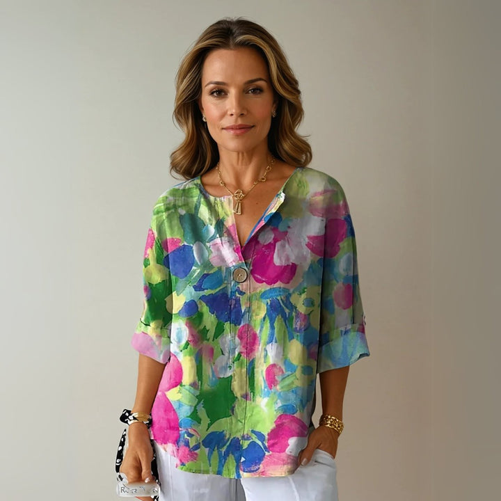 Women's Floral Print V-Neck Half-Sleeve Casual Blouse Top