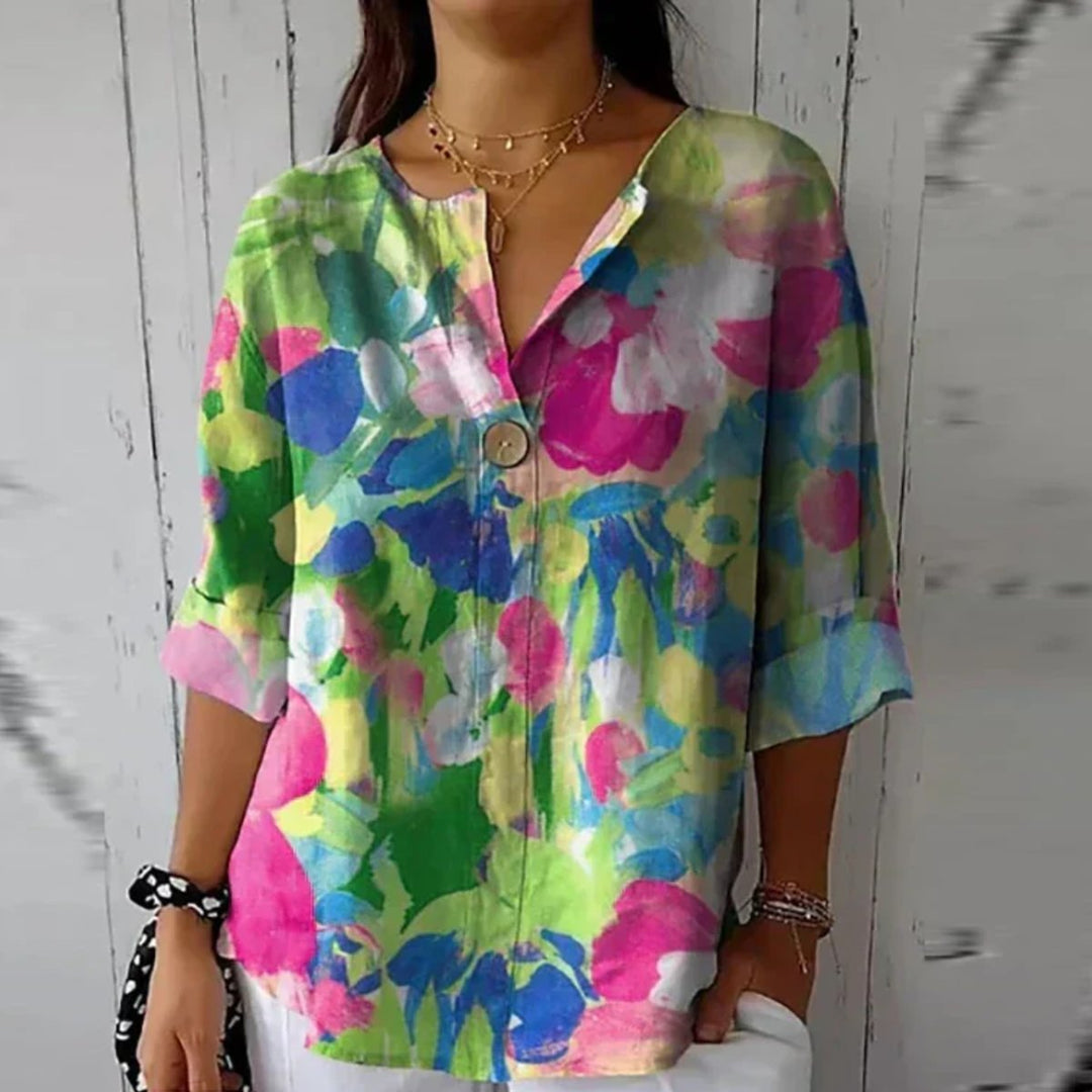 Women's Floral Print V-Neck Half-Sleeve Casual Blouse Top