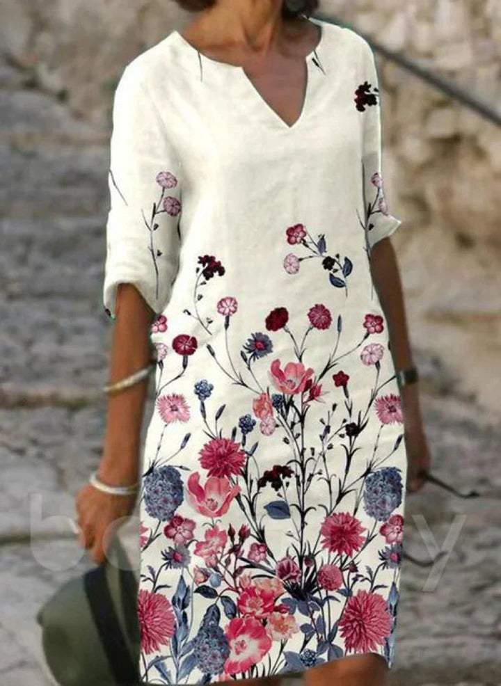 Women's Floral Print V-Neck Half Sleeve Fall Midi Dress