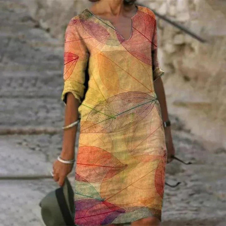 Women's Floral Print V-Neck Half Sleeve Fall Midi Dress