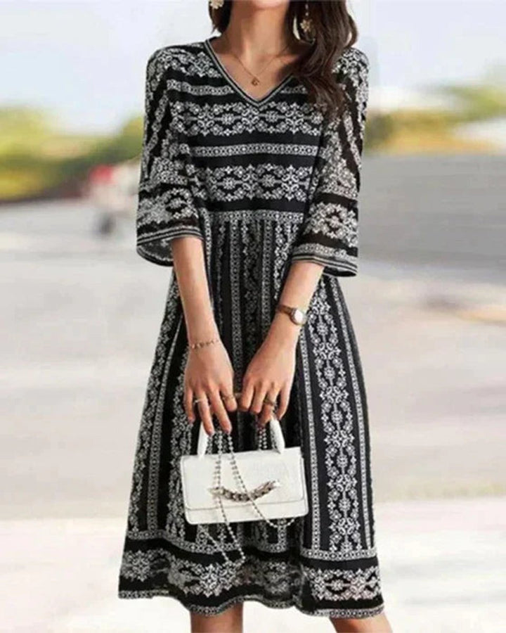 Women's Floral Print V-Neck Half Sleeve Fall Midi Dress