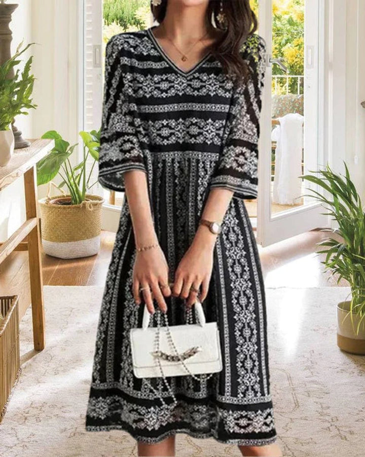 Women's Floral Print V-Neck Half Sleeve Fall Midi Dress