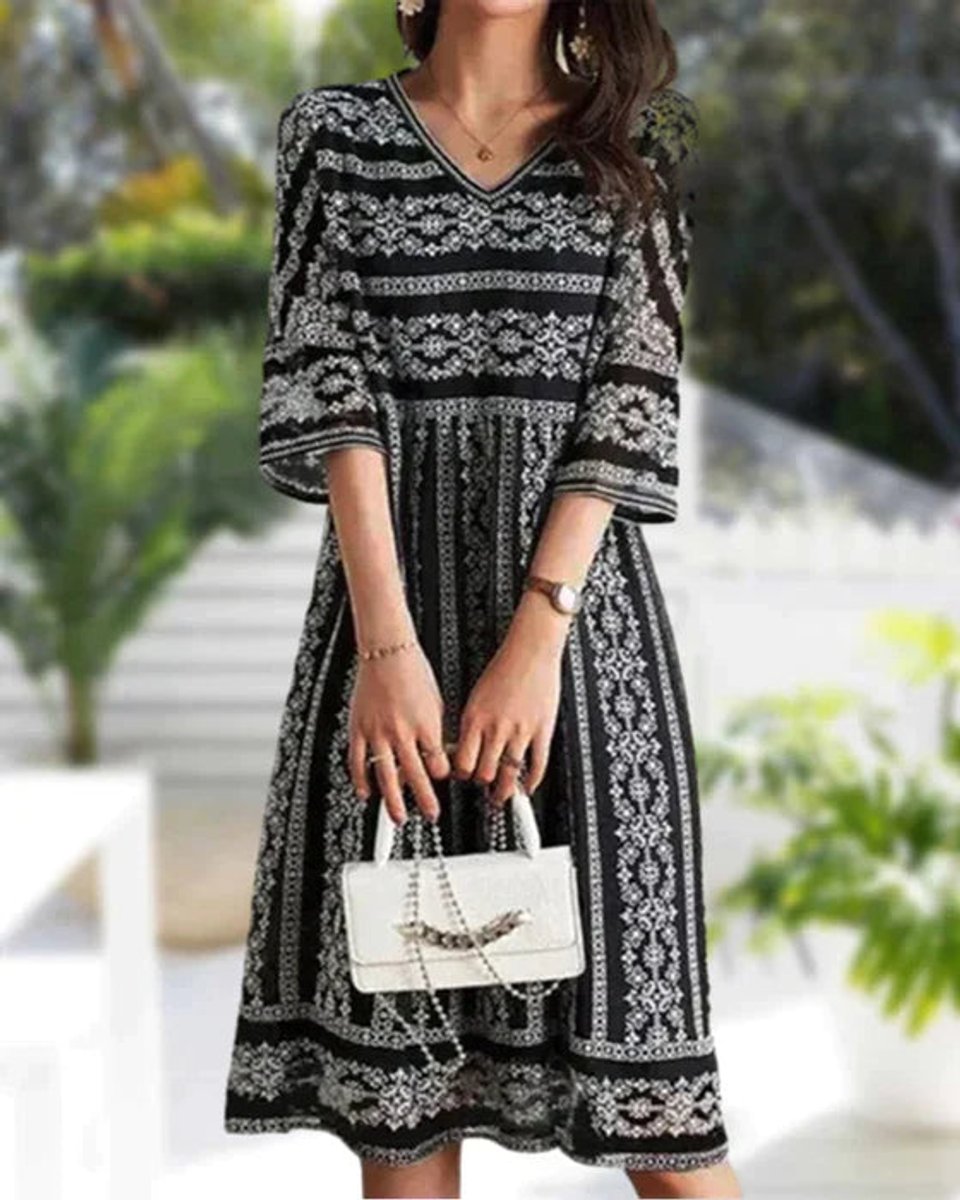 Women's Floral Print V-Neck Half Sleeve Fall Midi Dress