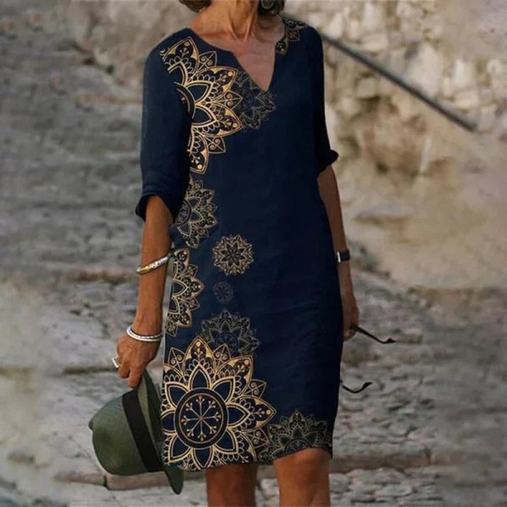 Women's Floral Print V-Neck Half Sleeve Fall Midi Dress