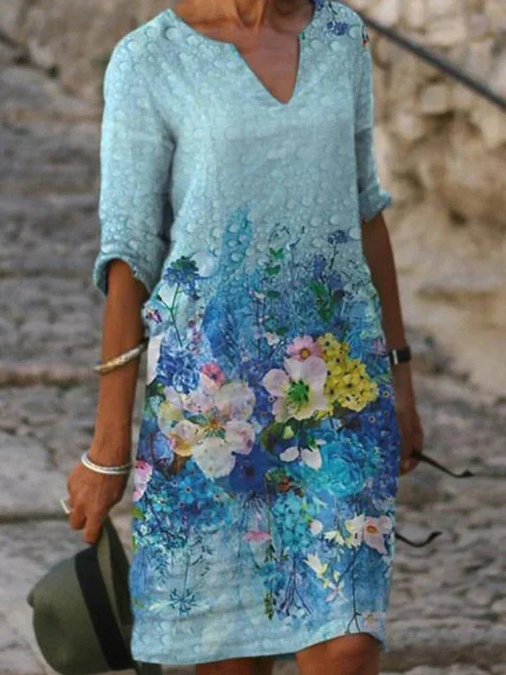 Women's Floral Print V-Neck Half Sleeve Fall Midi Dress