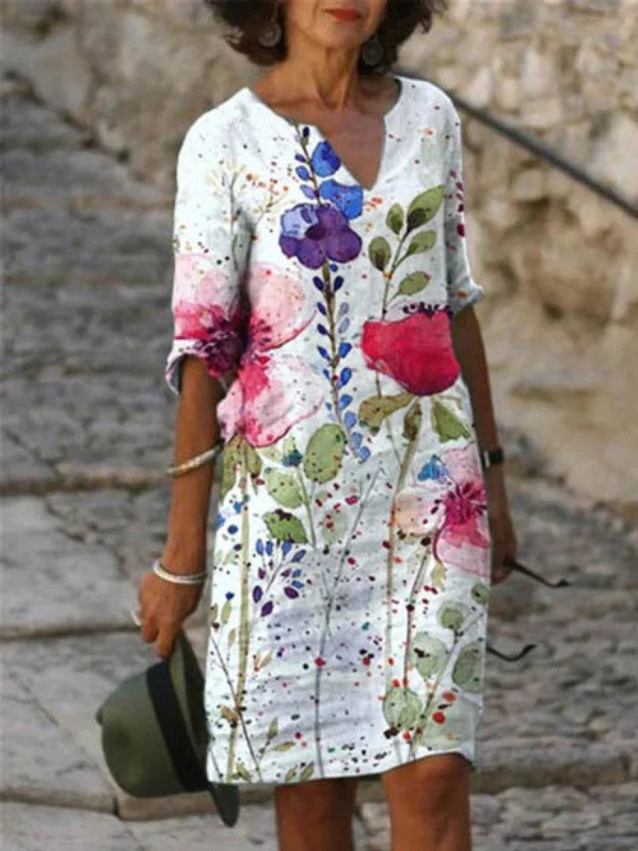 Women's Floral Print V-Neck Half Sleeve Fall Midi Dress