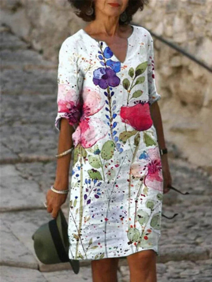 Women's Floral Print V-Neck Half Sleeve Fall Midi Dress