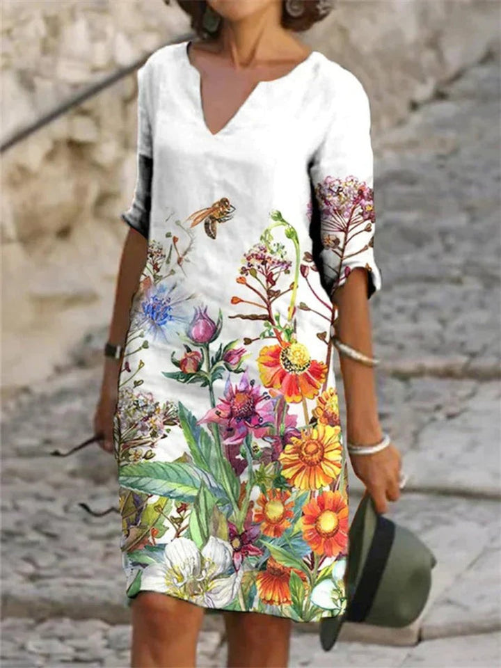 Women's Floral Print V-Neck Half Sleeve Fall Midi Dress