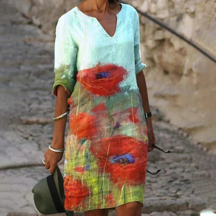 Women's Floral Print V-Neck Half Sleeve Fall Midi Dress