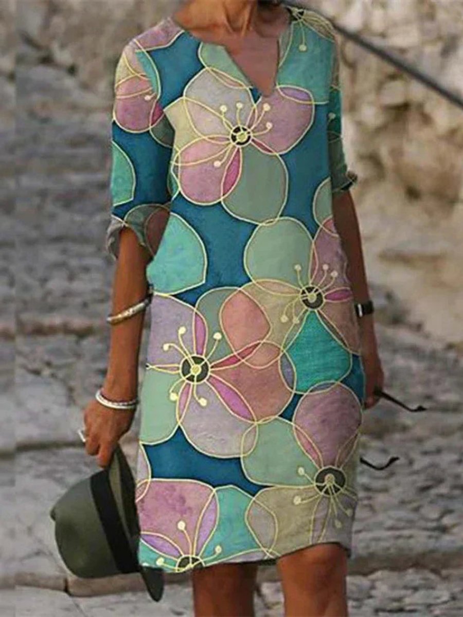 Women's Floral Print V-Neck Half Sleeve Fall Midi Dress