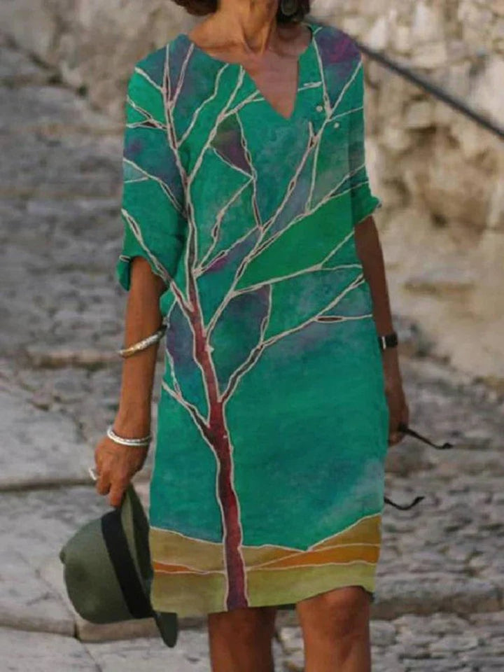 Women's Floral Print V-Neck Half Sleeve Fall Midi Dress
