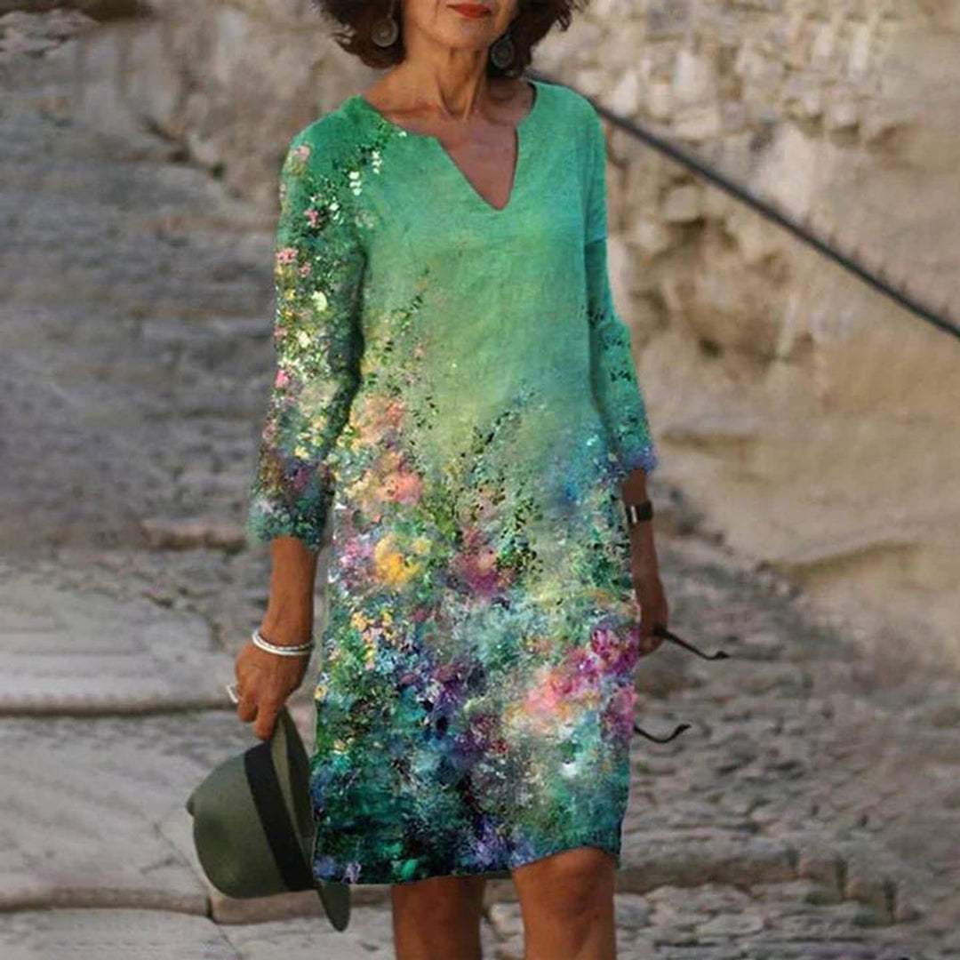 Women's Floral Print V-Neck Half Sleeve Fall Midi Dress