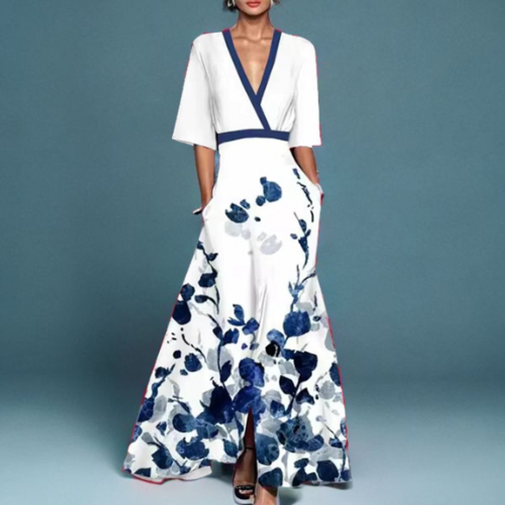 Women's Floral Print V-Neck Maxi Formal Dress