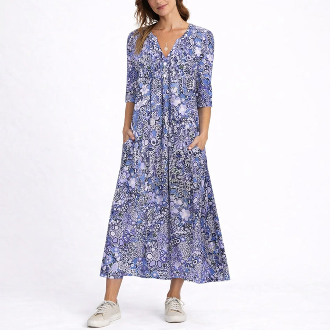 Women's Floral Print V-Neck Midi Fall Wedding Guest Dress Pockets