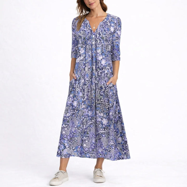 Women's Floral Print V-Neck Midi Fall Wedding Guest Dress Pockets
