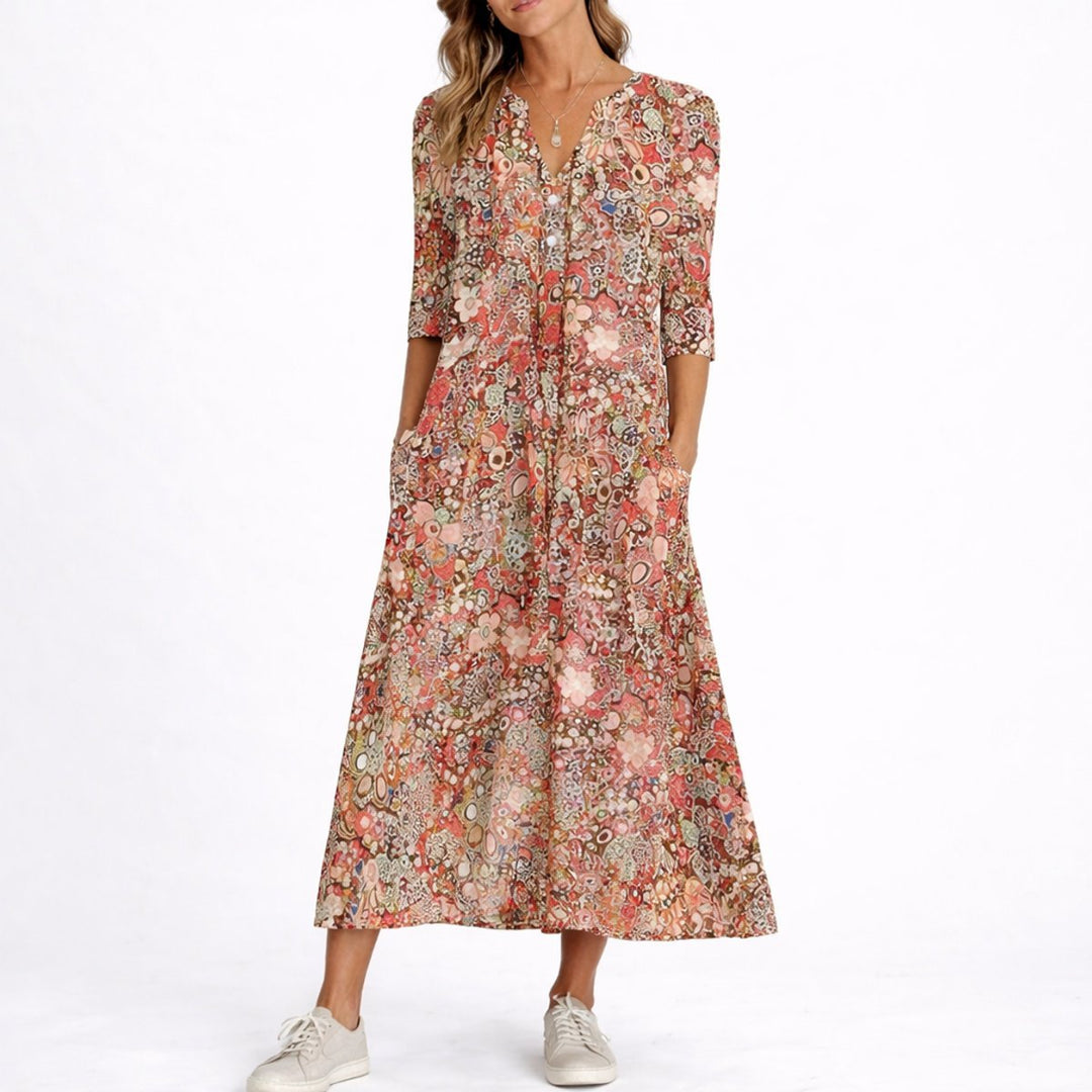 Women's Floral Print V-Neck Midi Fall Wedding Guest Dress Pockets