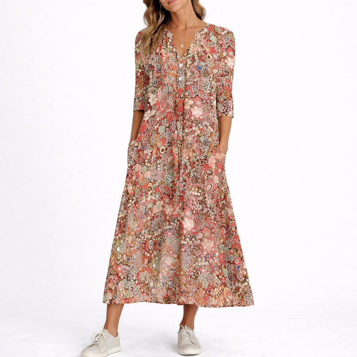 Women's Floral Print V-Neck Midi Fall Wedding Guest Dress Pockets