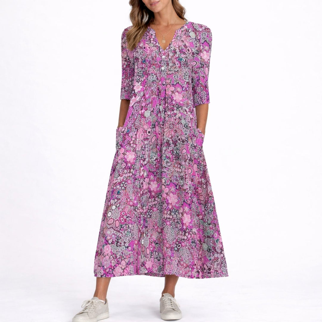 Women's Floral Print V-Neck Midi Fall Wedding Guest Dress Pockets