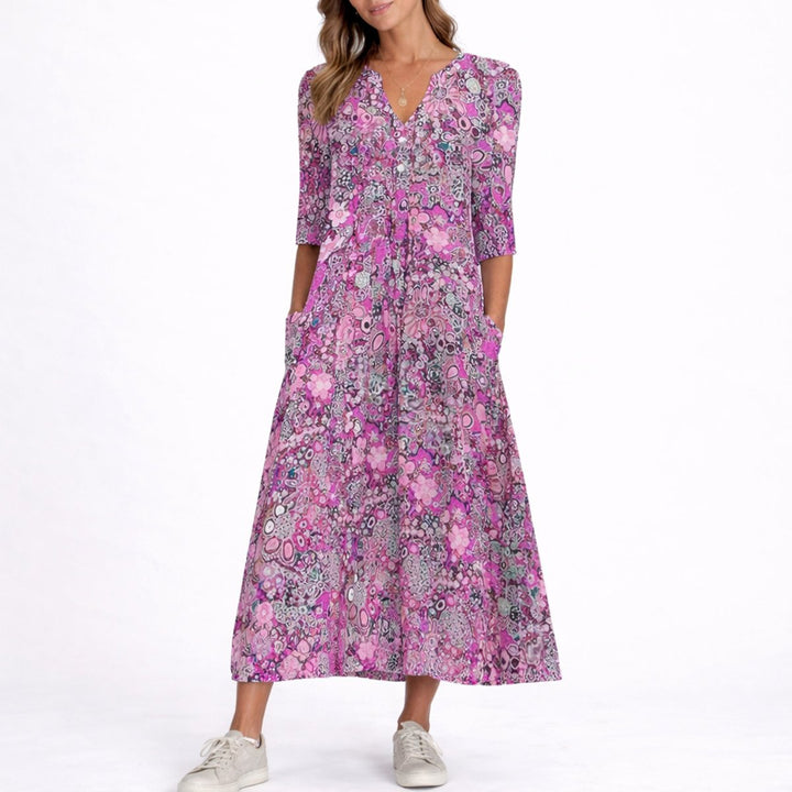 Women's Floral Print V-Neck Midi Fall Wedding Guest Dress Pockets