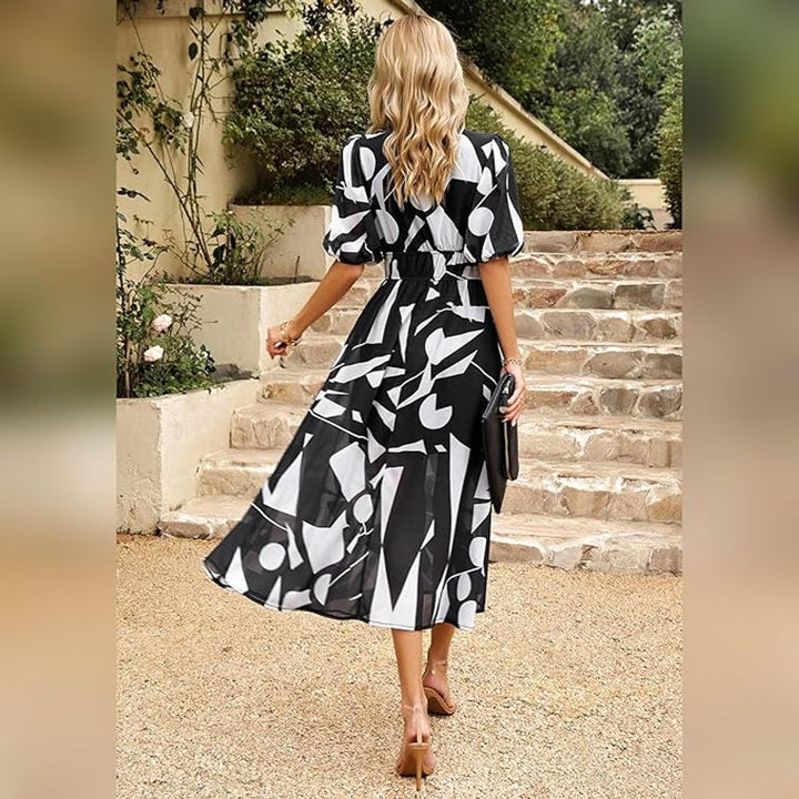 Women's Floral Print V-Neck Puff Sleeve Fall Midi Dress