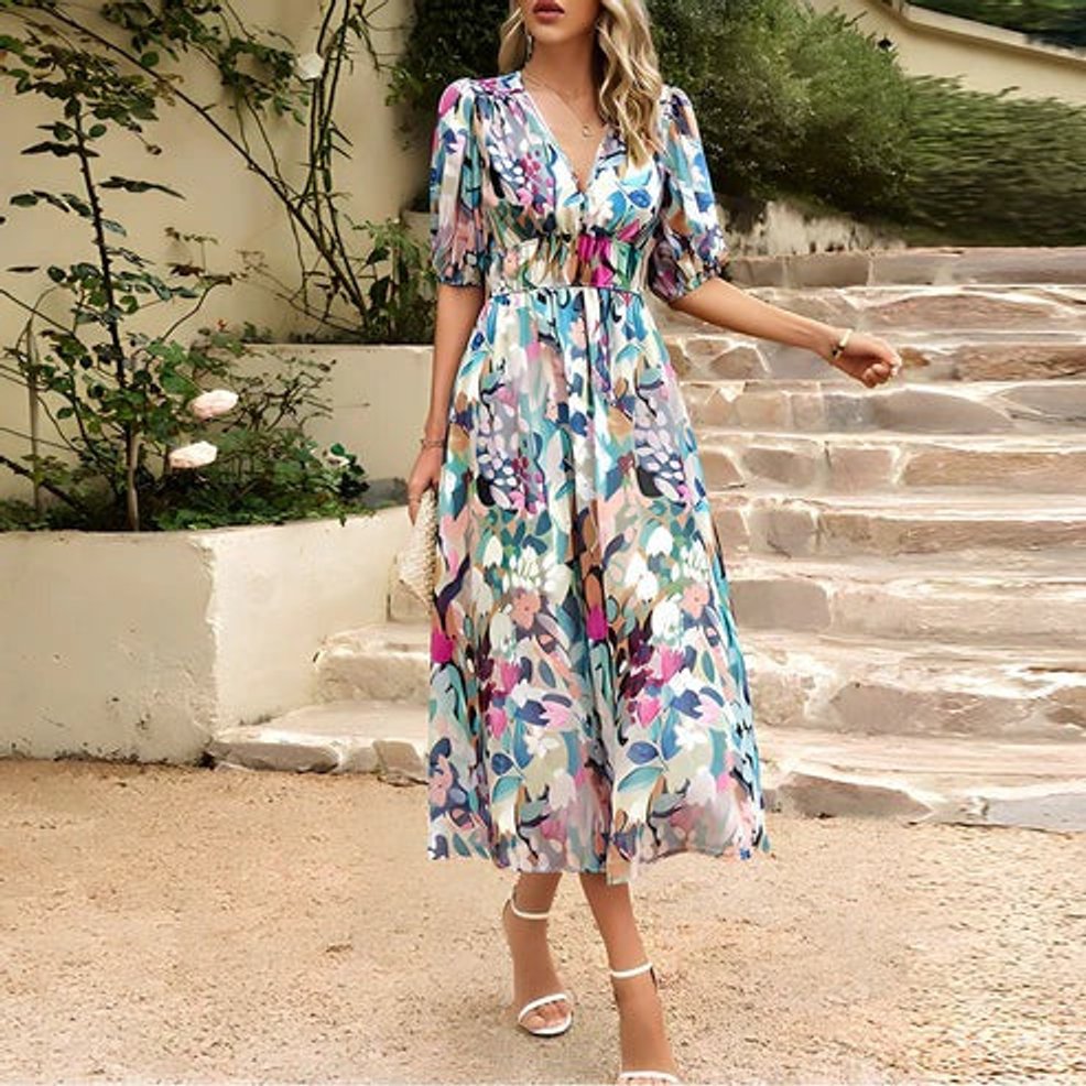 Women's Floral Print V-Neck Puff Sleeve Fall Midi Dress