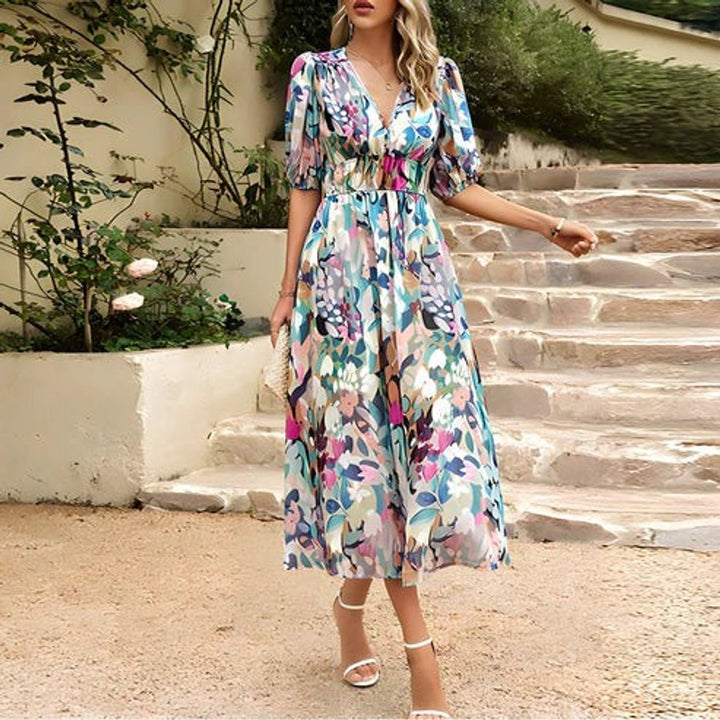 Women's Floral Print V-Neck Puff Sleeve Fall Midi Dress