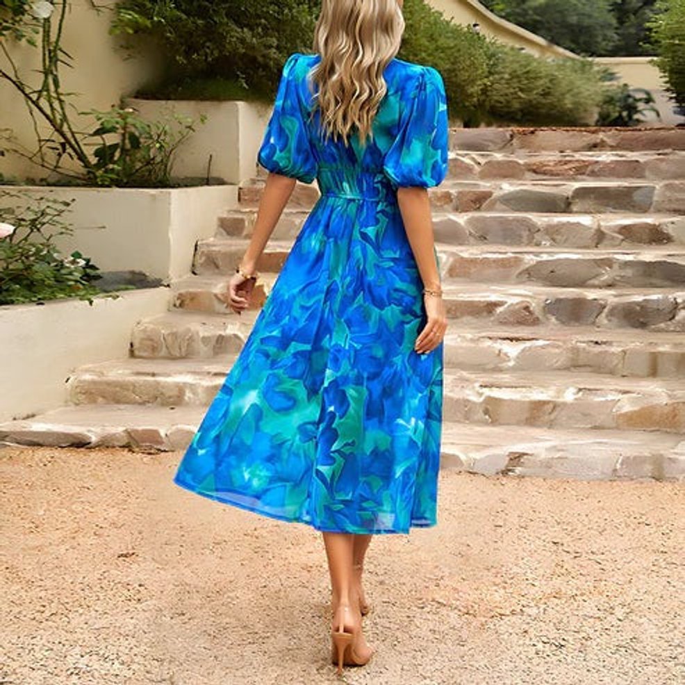 Women's Floral Print V-Neck Puff Sleeve Fall Midi Dress