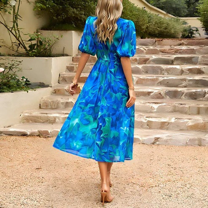 Women's Floral Print V-Neck Puff Sleeve Fall Midi Dress