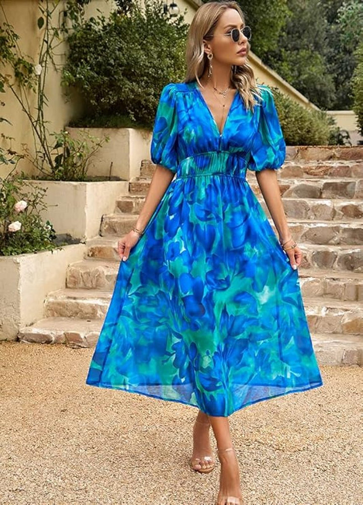 Women's Floral Print V-Neck Puff Sleeve Fall Midi Dress