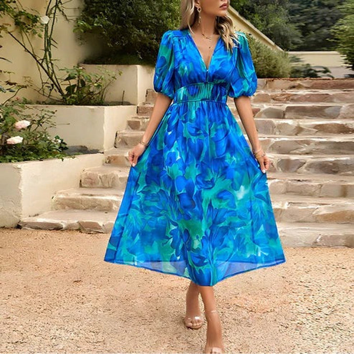 Women's Floral Print V-Neck Puff Sleeve Fall Midi Dress