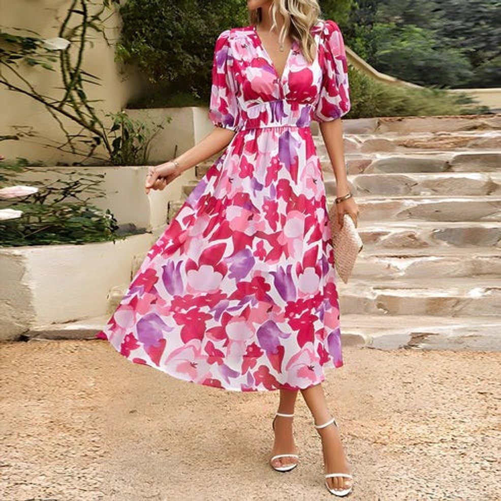 Women's Floral Print V-Neck Puff Sleeve Fall Midi Dress
