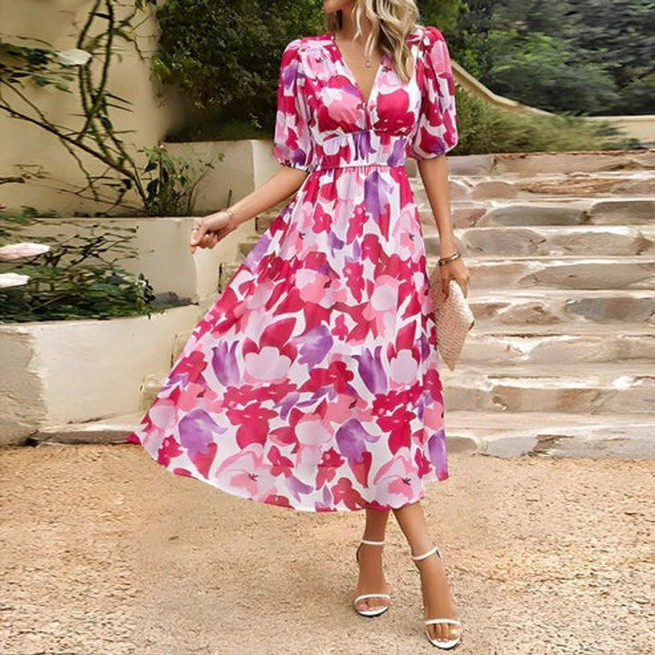 Women's Floral Print V-Neck Puff Sleeve Fall Midi Dress
