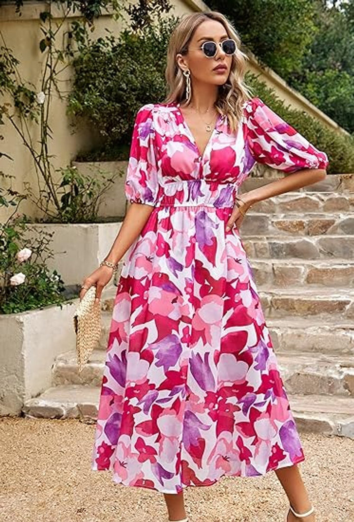 Women's Floral Print V-Neck Puff Sleeve Fall Midi Dress