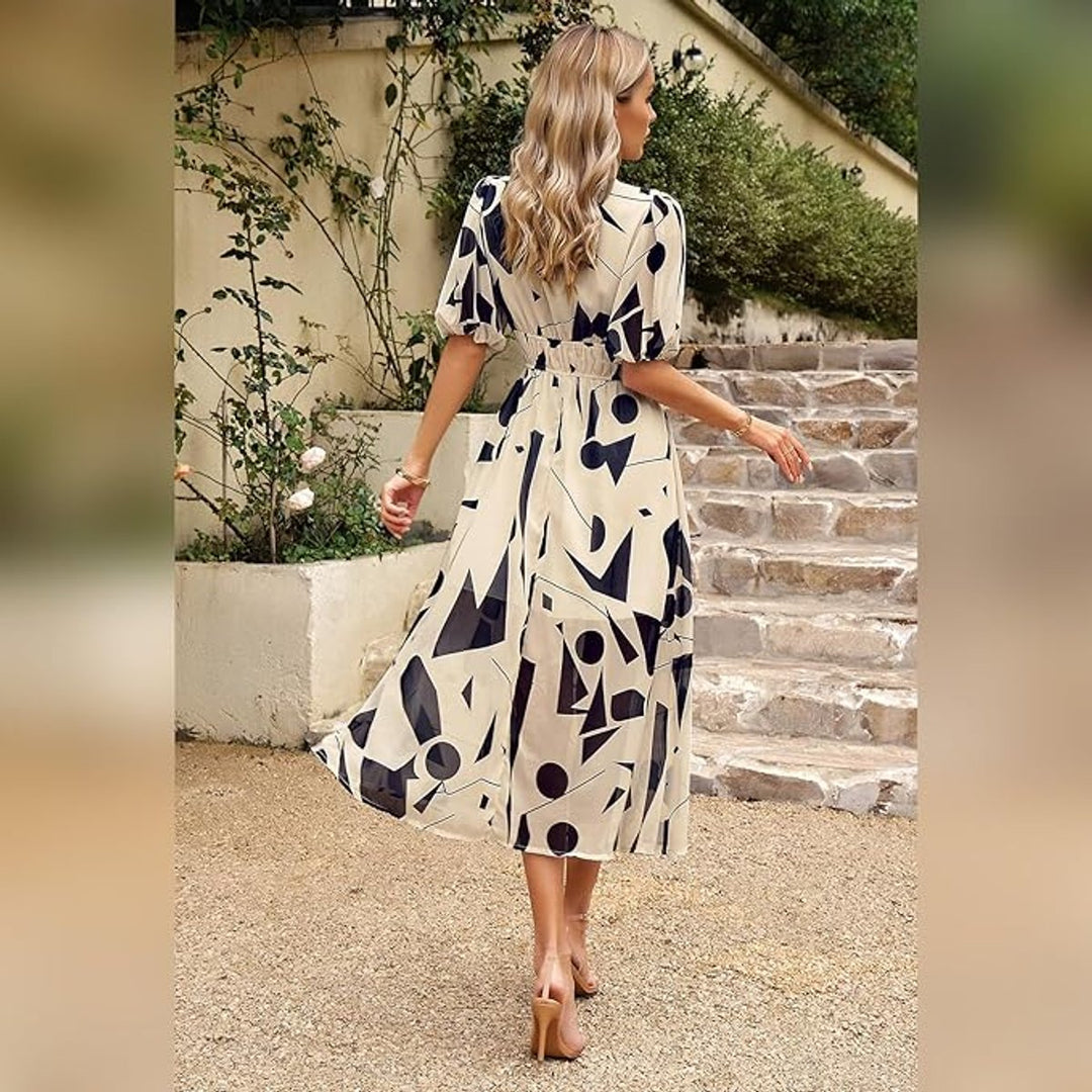 Women's Floral Print V-Neck Puff Sleeve Fall Midi Dress
