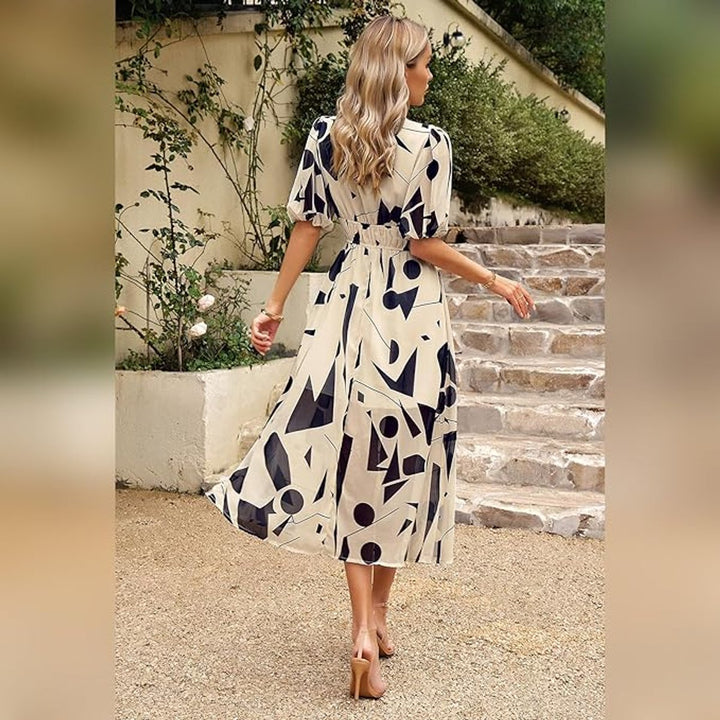 Women's Floral Print V-Neck Puff Sleeve Fall Midi Dress