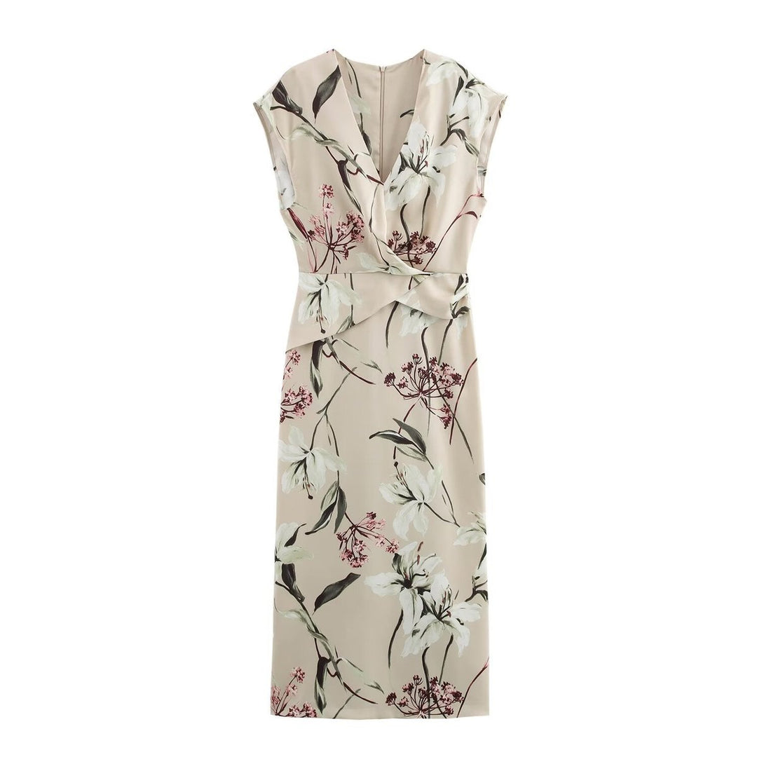 Women's Floral Print V-Neck Sleeveless Fall Midi Dress