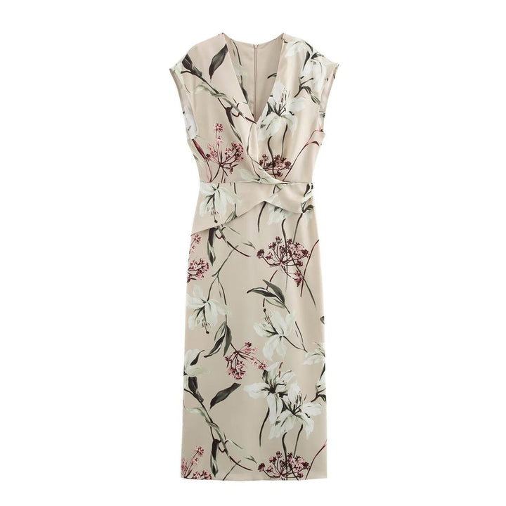Women's Floral Print V-Neck Sleeveless Fall Midi Dress