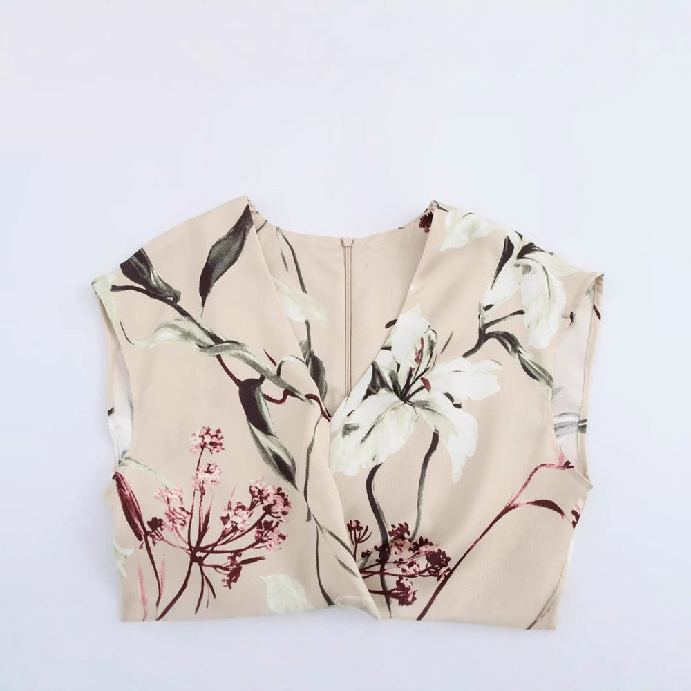 Women's Floral Print V-Neck Sleeveless Fall Midi Dress