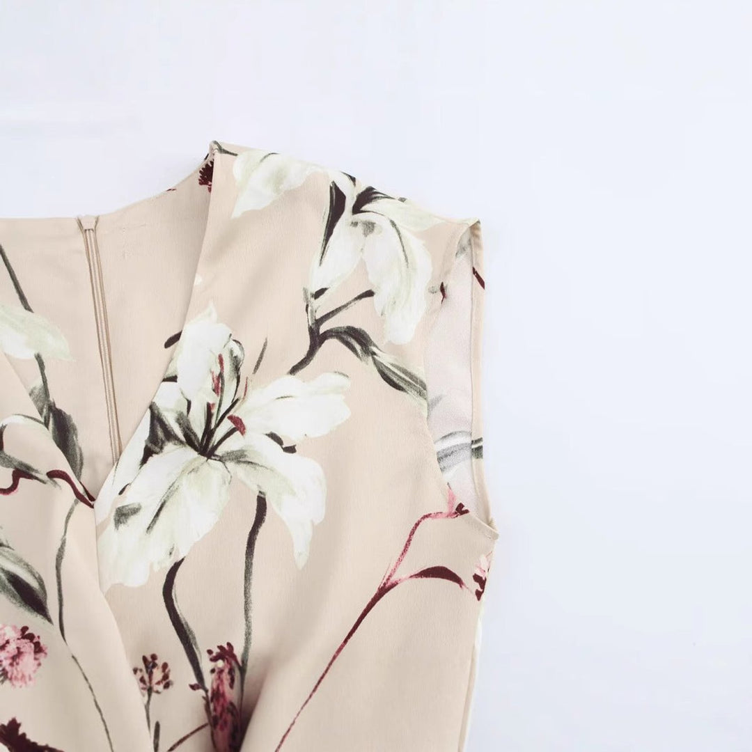 Women's Floral Print V-Neck Sleeveless Fall Midi Dress