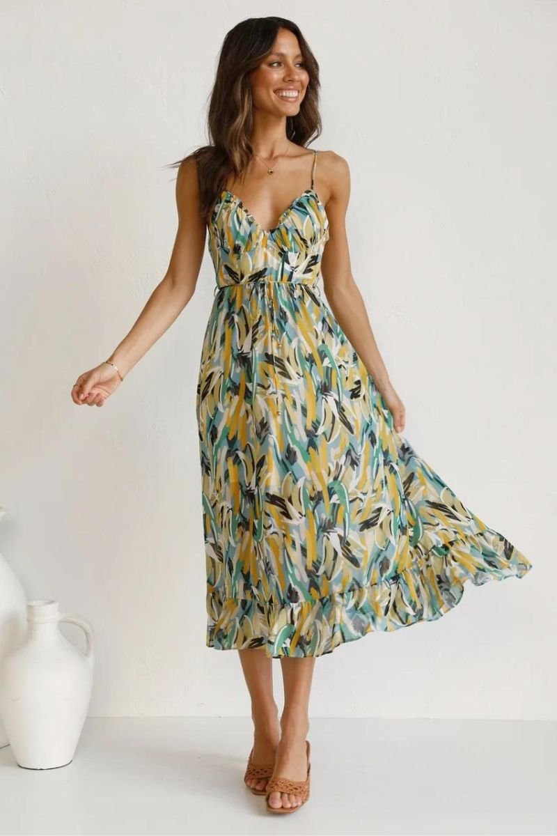 Women's Floral Printed Spaghetti Strap Fall Midi Dress