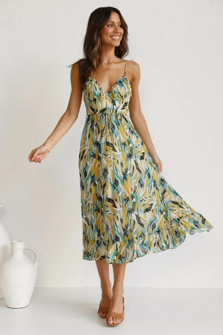Women's Floral Printed Spaghetti Strap Fall Midi Dress