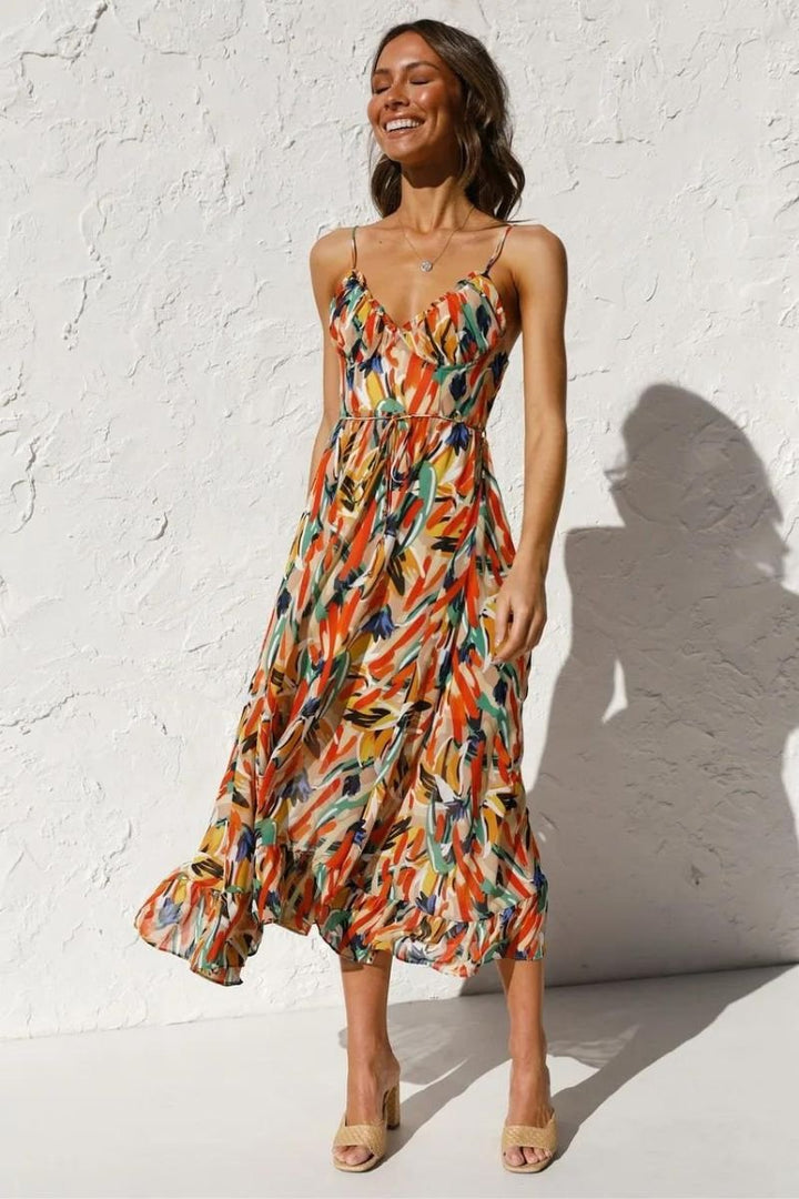 Women's Floral Printed Spaghetti Strap Fall Midi Dress