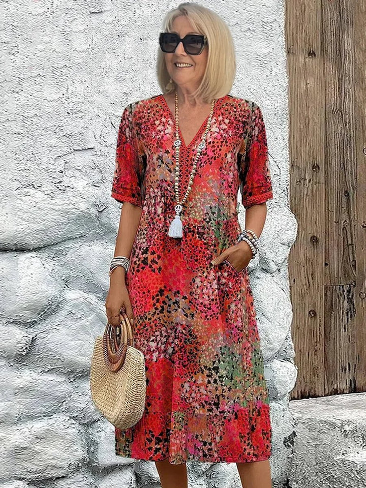 Women's Floral Printed V-Neck A-Line Midi Formal Dress