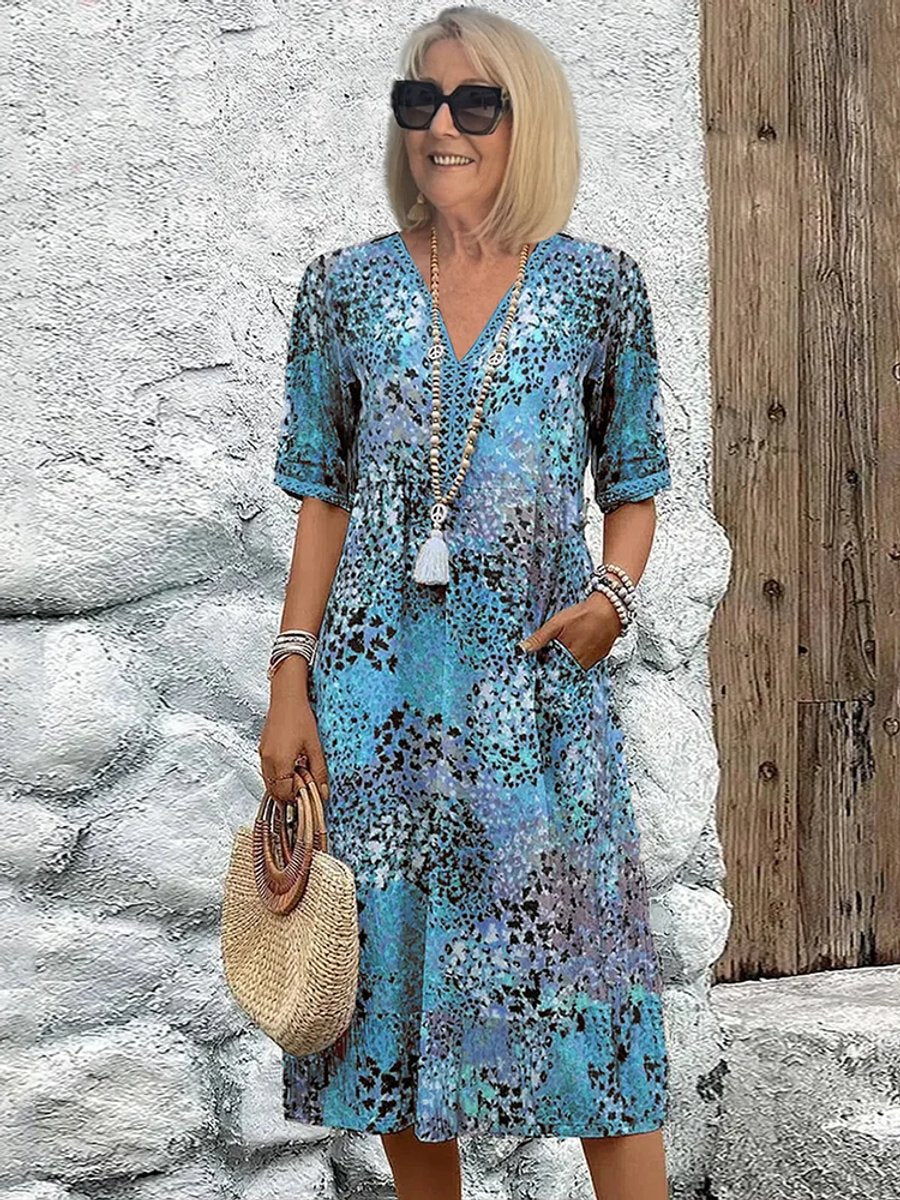 Women's Floral Printed V-Neck A-Line Midi Formal Dress