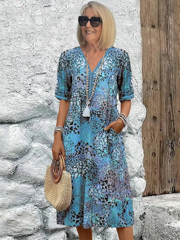 Women's Floral Printed V-Neck A-Line Midi Formal Dress