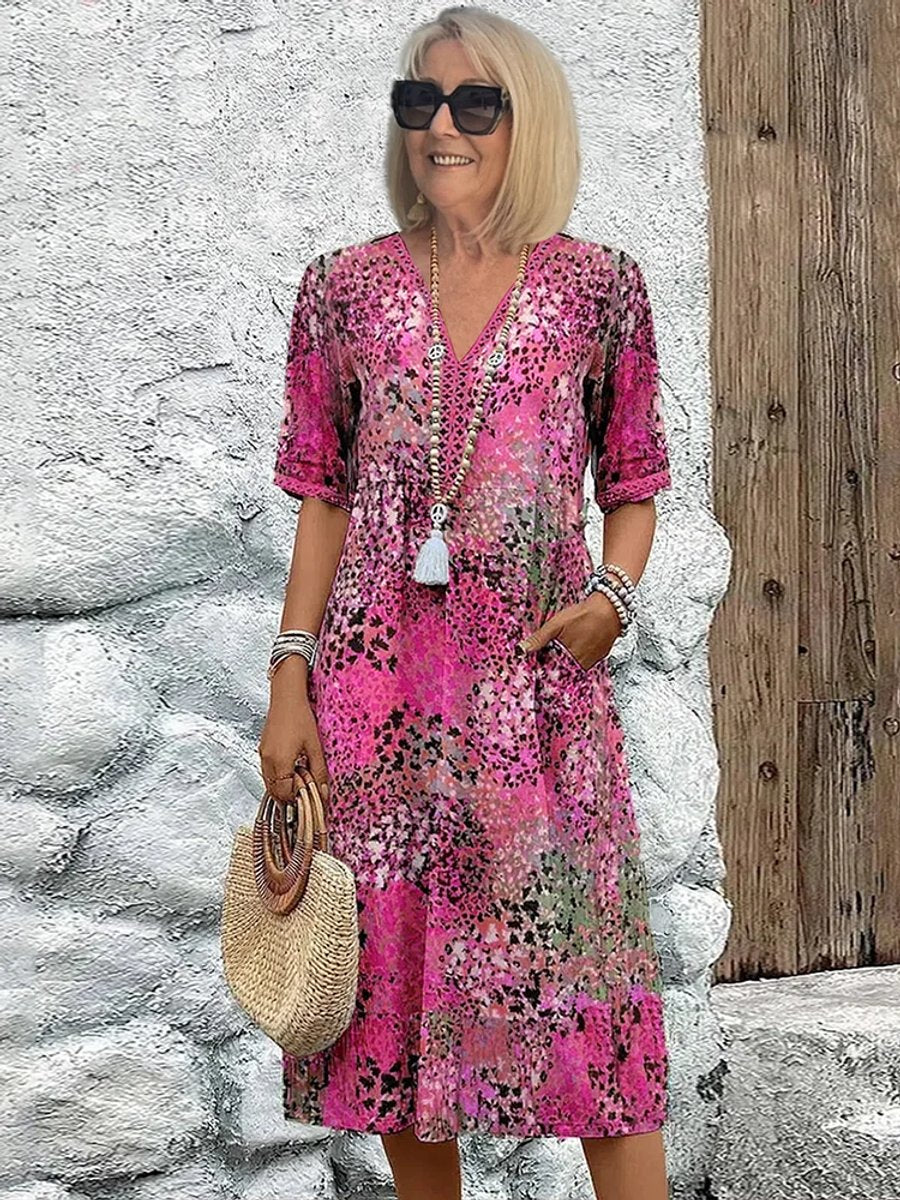 Women's Floral Printed V-Neck A-Line Midi Formal Dress