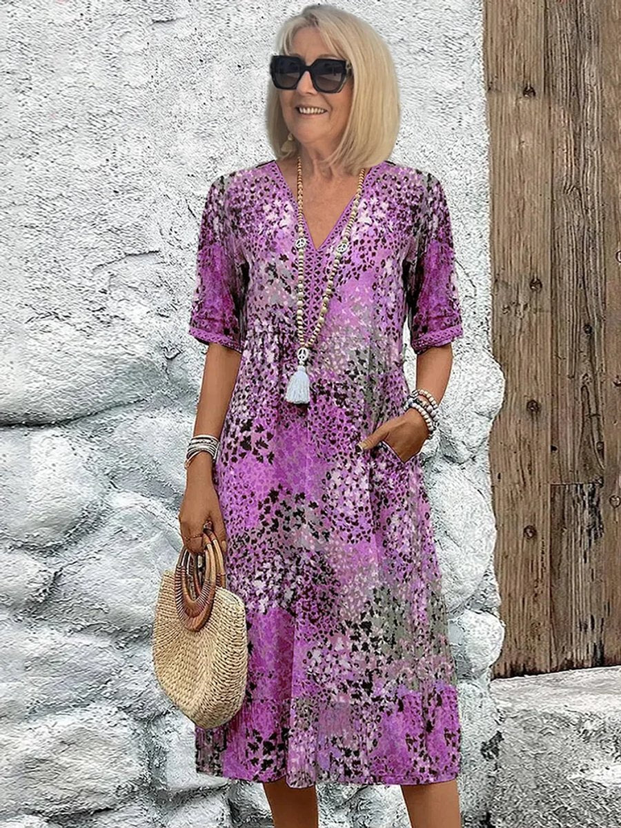 Women's Floral Printed V-Neck A-Line Midi Formal Dress
